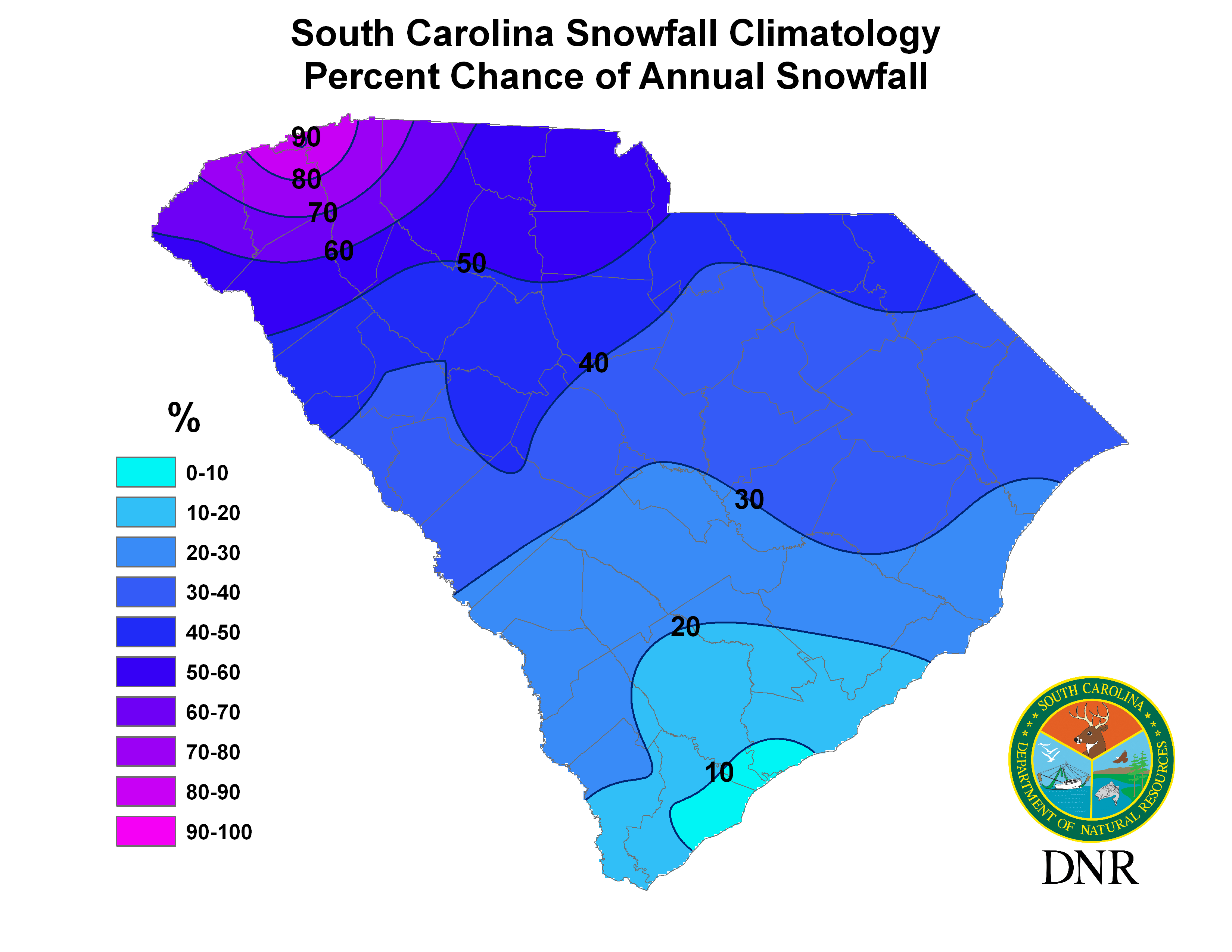 Yearly chance of snow map